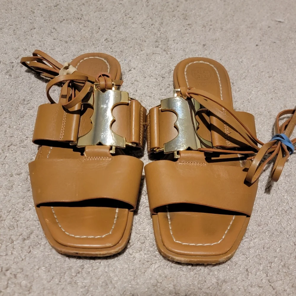 Tory Burch Brown Leather Ankle Wrap Sandals with Gold Hardware